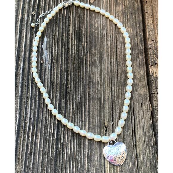 LIve Laugh Love Sterling Silver Heart and Freshwater Pearl Necklace - Picture 6 of 8
